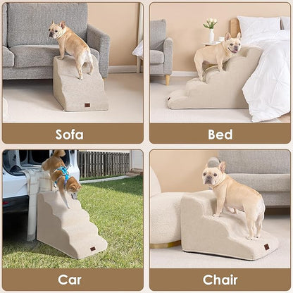 EHEYCIGA Curved Dog Stairs Ramp for High Beds 19.7" H, 4-Step Dog Steps for Small Dogs and Cats, Pet Stairs for High Bed Climbing, Non-Slip Balanced Pet Step Indoor, Beige