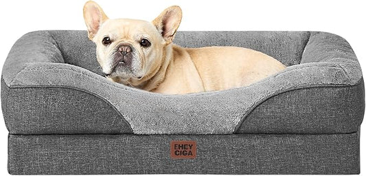 EHEYCIGA Orthopedic Dog Bed for Medium Dog, 30x20x6.5 Inch Memory Foam Dog Couch Bed with Sides, Waterproof Liner & Washable Removable Cover, Bolster Pet Sofa, Grey