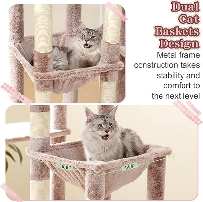 Heybly Cat Tree, 71-Inch Tall Cat Tower for Large Maine Coon Cats with Extra-Large Baseboard, Cat Condo Furniture with Multi-Level Platforms, 2 Hammocks and 12 Scratching Posts, Muchroom HCT037MU