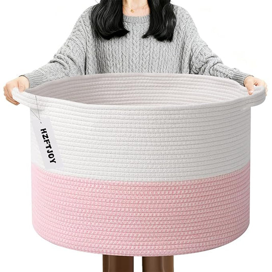 90L Large Blanket Basket,21.7"L x 21.7"W x 13.8"H Rope Woven Baskets with Handles, Toys Storage Bins,Laundry Basket Perfect for Living Room, Nursery,Bedroom,Home Organization,White&Pink