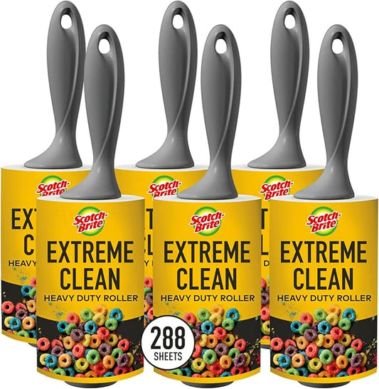 Scotch-Brite Extreme Clean Heavy Duty Lint Roller, Advanced Lint Removers for Larger Debris, Extra Sticky Lint Roller for Clothes, Pet Hair, Furniture, Cars, Offices, and More, 48 Sheets, 6 Pack