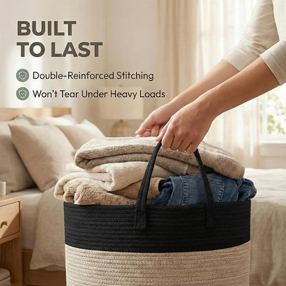 115L Extra Large Blanket Basket for Living Room - Woven Cotton Rope Laundry Hamper with Reinforced Handles - Storage Bin for Pillows, Comforters & Toys - Machine Washable,Black&Jute