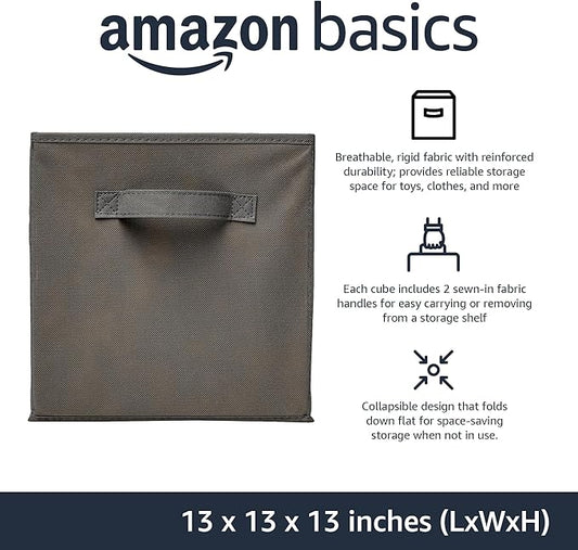Amazon Basics Collapsible Fabric Storage Cube Bins Organizer with Handles for Organizing, Sturdy, Gray, 13 x 13 x 13 inch, 6-Pack