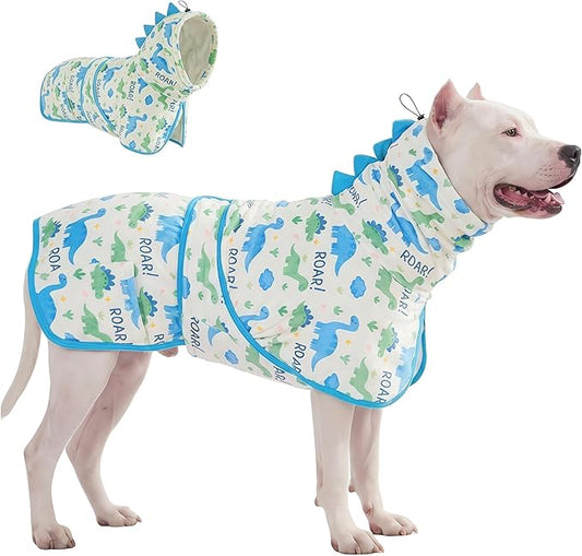 LovinPet 3‑in‑1 Dog Warm Winter Coat & Bathrobe, Hooded Dinosaur Fleece, Lightweight High‑Loft, Absorbent Knit, Quiet Hook‑and‑Loop, Wind‑Blocking Edges, Dog Robes for Medium & Large Dogs, White,2XL