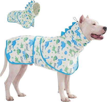 LovinPet 3‑in‑1 Dog Warm Winter Coat & Bathrobe, Hooded Dinosaur Fleece, Lightweight High‑Loft, Absorbent Knit, Quiet Hook‑and‑Loop, Wind‑Blocking Edges, Dog Robes for Medium & Large Dogs, White,L