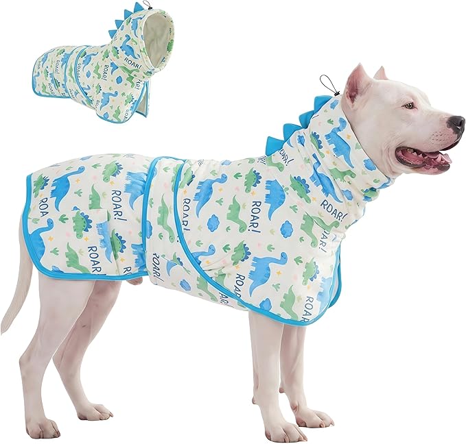 LovinPet 3‑in‑1 Dog Warm Winter Coat & Bathrobe, Hooded Dinosaur Fleece, Lightweight High‑Loft, Absorbent Knit, Quiet Hook‑and‑Loop, Wind‑Blocking Edges, Dog Robes for Medium & Large Dogs, White,XL