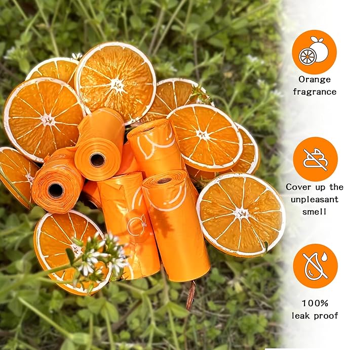 Citrus Scented Dog Poop Bags - 630 counts Orange Pet Waste Bags with Dispensers, Extra Large 13x9 Inch Leak-Proof Fragrance Bags for Dogs Walking and Cat Litter