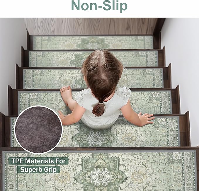 Non Slip Stair Treads for Wooden Steps 15PCS - 8"x30" Indoor Safety Carpet, Edging Mats with TPE Adhesive Backing, Pet and Elderly Friendly Stair Rugs (Mint&Green)