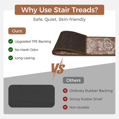Non Slip Stair Treads for Wooden Steps 15PCS - 8"x30" Indoor Safety Carpet, Edging Mats with TPE Adhesive Backing, Pet and Elderly Friendly Stair Rugs (Brick)