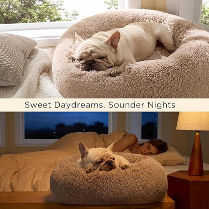 Bedsure Calming Cat Beds for Indoor Cats - Small Cat Bed Washable 20 inches, Anti-Slip Round Fluffy Plush Faux Fur Pet Bed, Fits up to 15 lbs Pets, Purple