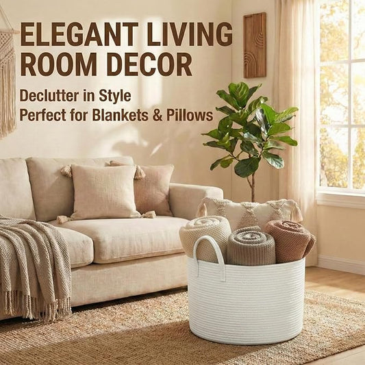 65L Extra Large Blanket Basket for Living Room - Woven Cotton Rope Laundry Hamper with Reinforced Handles - Storage Bin for Pillows, Comforters & Toys - Machine Washable,White