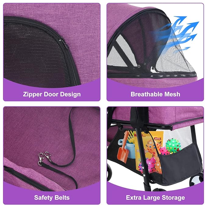 Cat& Dog Stroller Pet Strollers 3 Wheel Doggy Stroller for Small Medium Dogs 3-in-1 Detachable Travel Carrier Pet Gear Stroller Wagons for Dogs Trolley for Cat Doggie Rabbit Puppy, Purple
