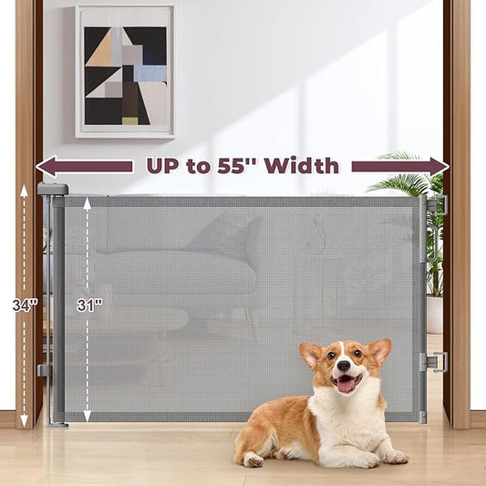 Retractable Baby Gates 2 Pack, 55" Wide Mesh Dog Gate Indoor, 34" Tall Gate for Stairs Doorways Hallways Deck, Child Pet Safety Gate for Indoor Outdoor Home Use, Grey