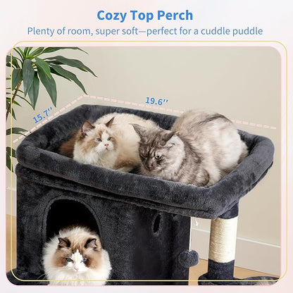 Heybly Cat Tree, 25.6-inch Cat Tower with Spacious Top Perch for Large Cats, Stair-Style Cat House Furniture with Dual-Layer Condos, Sisal Scratching Posts, Cozy Basket & Pompom, Smoky Gray HCT204SG