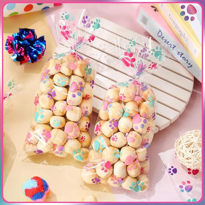 Blulu 100 Pieces Dog Treat Bags Puppy Party Favor Pet Paw Cone Cellophane Bags Candy Heat SealableDog Paw Gift with 100 Pieces Silver Twist Ties for Pet Cat Treat Party Favor(Pink and Purple)