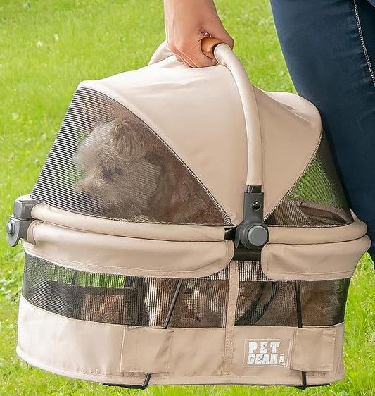Pet Gear No-Zip View 360 Ultra Lite Pet Safety Carrier & Car Seat for Small Dogs & Cats Push Button Entry, 15", Wheat