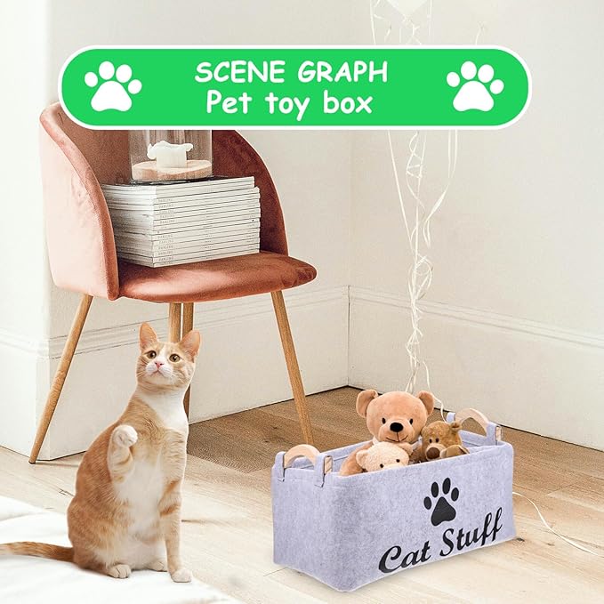 POPETPOP Pet Toy Storage Bin Felt Basket with Wooden Handles 15.35X10.62X7.08 Inch Organizer Container for Dog Cat Accessories Toys and Treats Storage