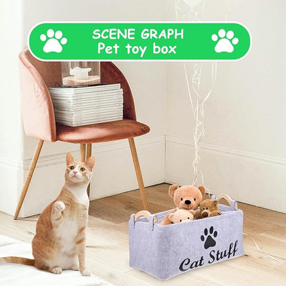 POPETPOP Pet Toy Storage Bin Felt Basket with Wooden Handles 15.35X10.62X7.08 Inch Organizer Container for Dog Cat Accessories Toys and Treats Storage