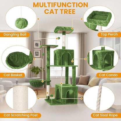 Cat Tree, 54-Inch Cat Tower for Indoor Cats, Soft Plush Multi-Level Climbing Cat Condo with Scratching Posts, Basket, Perches,2 Caves,2 Pompoms Play House for Cat(Green)