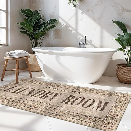 RUUGME Laundry Room Rug Runner 2x5 - Farmhouse Non Slip Carpet for Mudroom Washroom Easy to Clean Washable Stain Resistant Carpets for Bathroom Durable Low Pile Decor Floor Mat 2x5 Natural Wood Brown