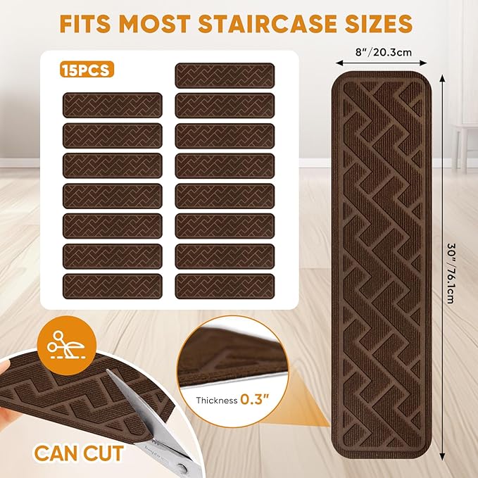 15 Pack 8 "X 30" Non Slip Stair Treads for Wooden Steps, Carpet Stair Treads Made of Polyester and Reusable Adhesive, Stair Runner Rugs for Kids, Elders and Pets (Brown)