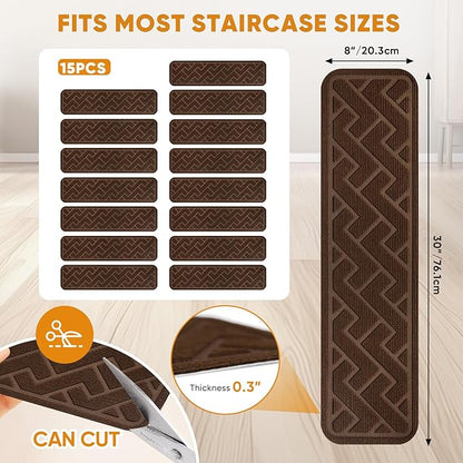 15 Pack 8 "X 30" Non Slip Stair Treads for Wooden Steps, Carpet Stair Treads Made of Polyester and Reusable Adhesive, Stair Runner Rugs for Kids, Elders and Pets (Brown)