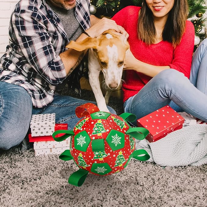 Christmas Soccer Ball Dog Toy With Straps for Interactive Play and Tug of War - Christmas Tree & Snowflower Pattern for Small, Medium, Big Dogs (8 Inches)