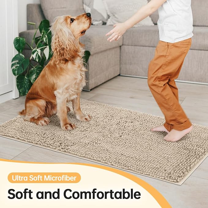 Absorbent Dog Door Mat for Muddy Paws, 48" x 30" Chenille Indoor Mats for Entryway, Trap Dirt Front Door Mat Indoor Entrance Washable Non Slip Soft Beige