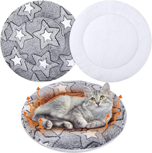 VitalCozy 2 Pack Self Heating Cat Pad Self Heating Cat Bed Machine Washable Heat Pet Mat Reversible Body Thermal Warm Round Dog Bed Crate Blanket for Feral and Indoor Cats(16'',Double Star)
