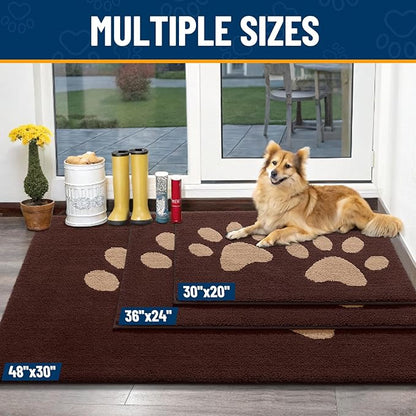 Smiry Dog Door Mat for Muddy Paws, Absorbs Moisture and Dirt, Low-Profile Entryway Mat with Non-Slip Backing, Entry Indoor Outdoor Doormat for Inside Floor (47x20 Inches, Brown, Paw)