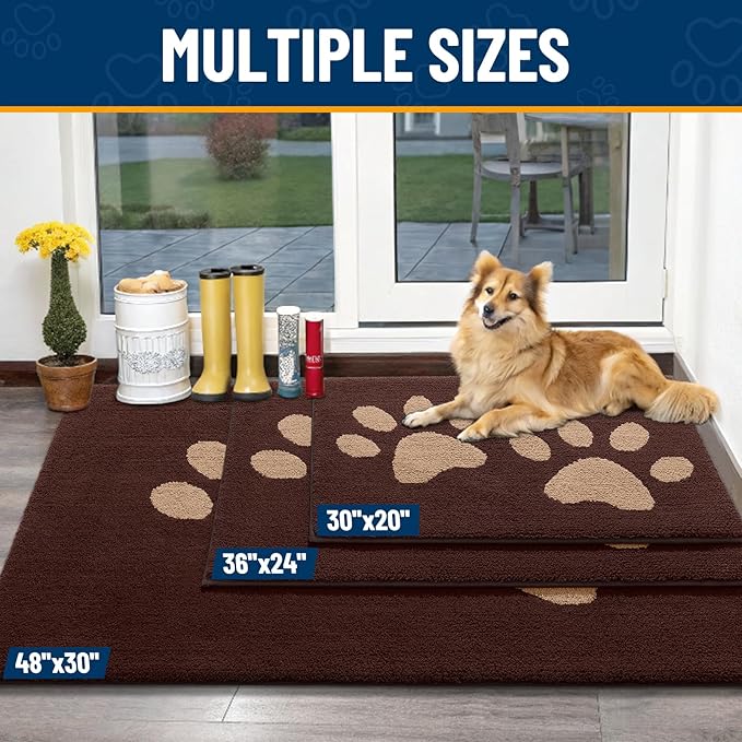 Smiry Dog Door Mat for Muddy Paws, Absorbs Moisture and Dirt, Low-Profile Entryway Mat with Non-Slip Backing, Entry Indoor Outdoor Doormat for Inside Floor (30x20 Inches, Brown, Paw)