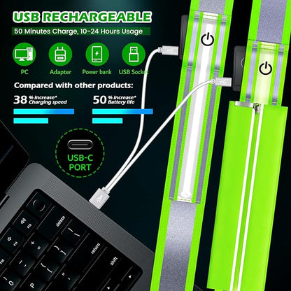 LED Reflective Belt Sash, Rechargeable LED Light Night Safety Walking Gear, High Visibility Adjustable Reflective Gear for Runners Walkers Cyclists at Night (Green)