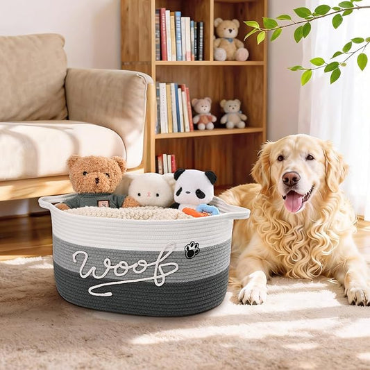 Woof Dog Toy Basket with Handles, Large Dog Toy Storage Bin with Paw Print, Woven Dog Basket for Blankets, Toys, Chews, Pet Toy Box for Nursery, Living Room, Bedroom, 17”x12”x9, Grey