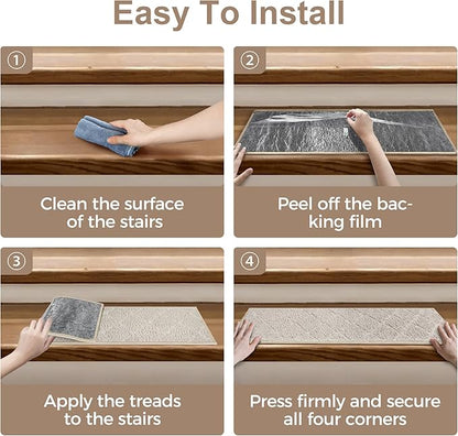 Non Slip Microfiber Stair Treads for Wooden Steps, 15PCS 8"x30" Indoor Safety Carpet, 3D Cut & Loop Tufted Edging Mats with TPE Adhesive Backing, Pet & Elderly Friendly Stair Rugs (Beige/White)