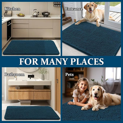 OLANLY Dog Door Mat for Muddy Paws 32x20, Absorbs Moisture and Dirt, Absorbent Non-Slip Washable Doormat, Quick Dry Chenille Mud Mat, Entry Indoor Entryway Carpet for Inside Floor, Atlantic Blue