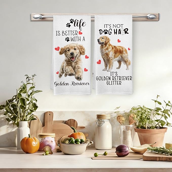 Golden Retriever Kitchen Towels Set of 2, Golden Retriever Gifts, Dog Funny Hand Towels for Kitchen Decor, Gifts for GoldenRetriever Women Dog Lovers Dishcloths Dish Towel 16X24 Inches