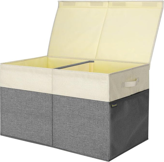 BALEINE Fabric Storage Bins with Lid, Collapsible Extra Large Storage Boxes Bins Baskets with Divider for Home Organizing (25"x13"x16", Grey&Beige)