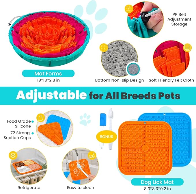 PETCARE Dog Snuffle Mat and Lick Mat Set, Interactive Enrichment Dog Puzzle Toy for Puppy Small Medium Large Dogs Cats, Adjustable Slow Feeder Bowl Sniff Foraging Mats Mental Stimulation Treat Game