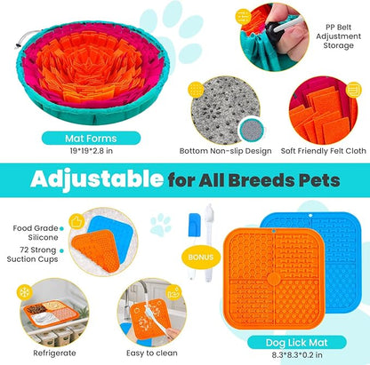 PETCARE Dog Snuffle Mat and Lick Mat Set, Interactive Enrichment Dog Puzzle Toy for Puppy Small Medium Large Dogs Cats, Adjustable Slow Feeder Bowl Sniff Foraging Mats Mental Stimulation Treat Game