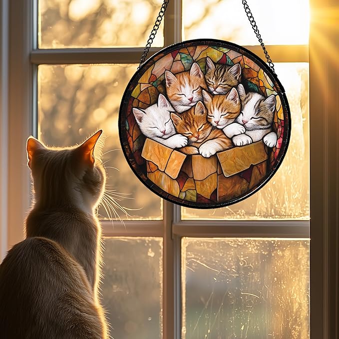 Stained Glass Window Hanging 6 Cute Kittens 9.8" - Cat Gift Suncatcher Door Sun Catcher Decor Birthday Christmas for Lost Pets Mom Men Woman Friend