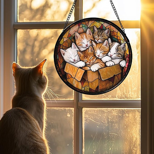 Stained Glass Window Hanging 6 Cute Kittens 7.8" - Cat Gift Suncatcher Door Sun Catcher Decor Birthday Christmas for Lost Pets Mom Men Woman Friend