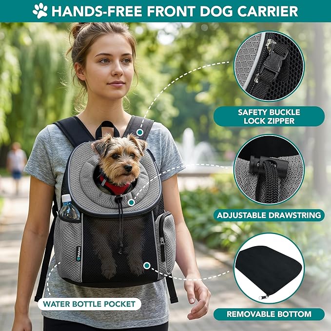 PetAmi Dog Front Carrier Backpack, Ventilated Adjustable Dog Pet Cat Chest Carrier Backpack, Dog Carrier for Hiking Camping Travel, Small Dog Puppy Medium Cat Carrying Bag, Max 14 lbs, Grey