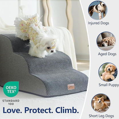 GoGoBunny Waterproof High Density Foam Curved Dog Stairs for High Beds Couches 19.7" H, 4-Step Ramp Dog Steps Friendly to Small Medium Dogs or Pets Joints, Non-Slip Balanced Durable Pet Step, Grey