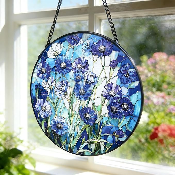 Cornflower Blue Suncatcher for Window and Garden - 7.8 in Handmade Stained Glass Suncatcher for Outdoor Decor, Rainbow Maker Gift for Mom, Housewarming, Birthday, Christmas - Home Decor
