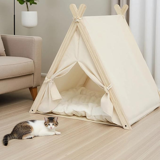 Pet Teepee with Thick Cushion, Cat Tents for Small Dogs Puppy and Cats,Portable Houses Indoor with Thick Cushion,Puppies Play House Removable and Washable,Beige