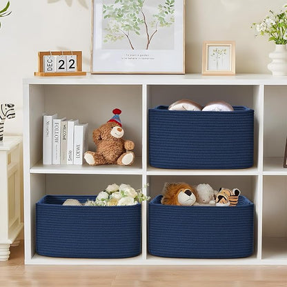 4 Pack Large Storage Basket for Organizing, 17.5"x13"x7" Woven Basket for Shelves, Closet Cube Storage Bins with Wrapped Handle, Cotton Rope Baskets for Kitchen, Clothes, Toys(Navy Blue)