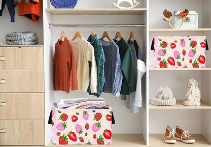 Strawberry Print Storage Box Girls Gifts Basket Clothes Hamper Basket Collapsible Organizer Bin Gift Shelf Baskets for Home and Kitchen Storage.