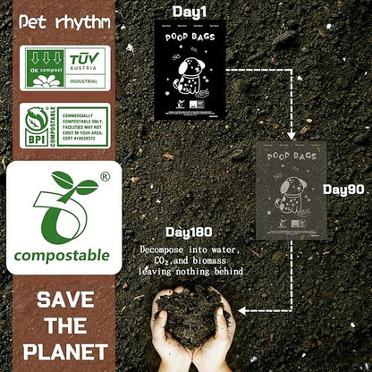 100% plant-based Dog Poop Bags Rolls, ASTM D6400 & EN 13432 Compliant, 120 waste bag including dispenser, 13 in × 9 in black poop bags for dogs, Super thick 100% leak proof