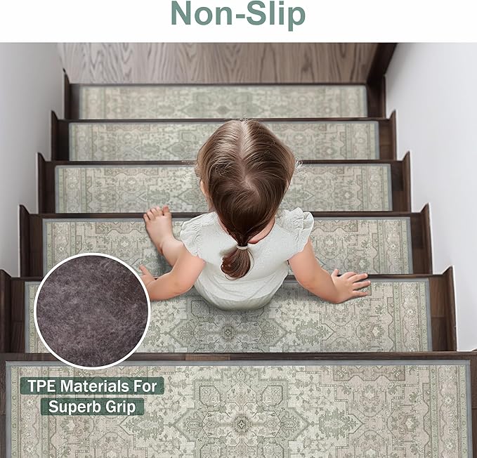 Non Slip Stair Treads for Wooden Steps 15PCS - 8"x30" Indoor Safety Carpet, Edging Mats with TPE Adhesive Backing, Pet and Elderly Friendly Stair Rugs (Sage&Green)