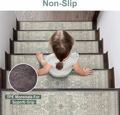Non Slip Stair Treads for Wooden Steps 15PCS - 8"x30" Indoor Safety Carpet, Edging Mats with TPE Adhesive Backing, Pet and Elderly Friendly Stair Rugs (Sage&Green)